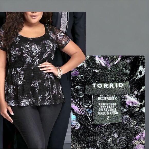 TORRID l Floral Lace Top l Peplum Hem l Keyhole Back l Black l Torrid 2 l EUC - Picture 3 of 9